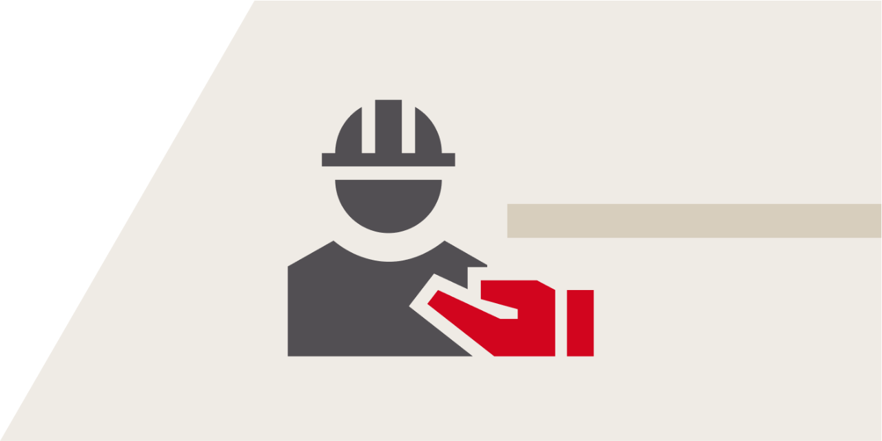 Illustration eines Bauarbeiters in grau. Rechts neben ihm ist eine ausgestreckte rote Hand abgebildet.