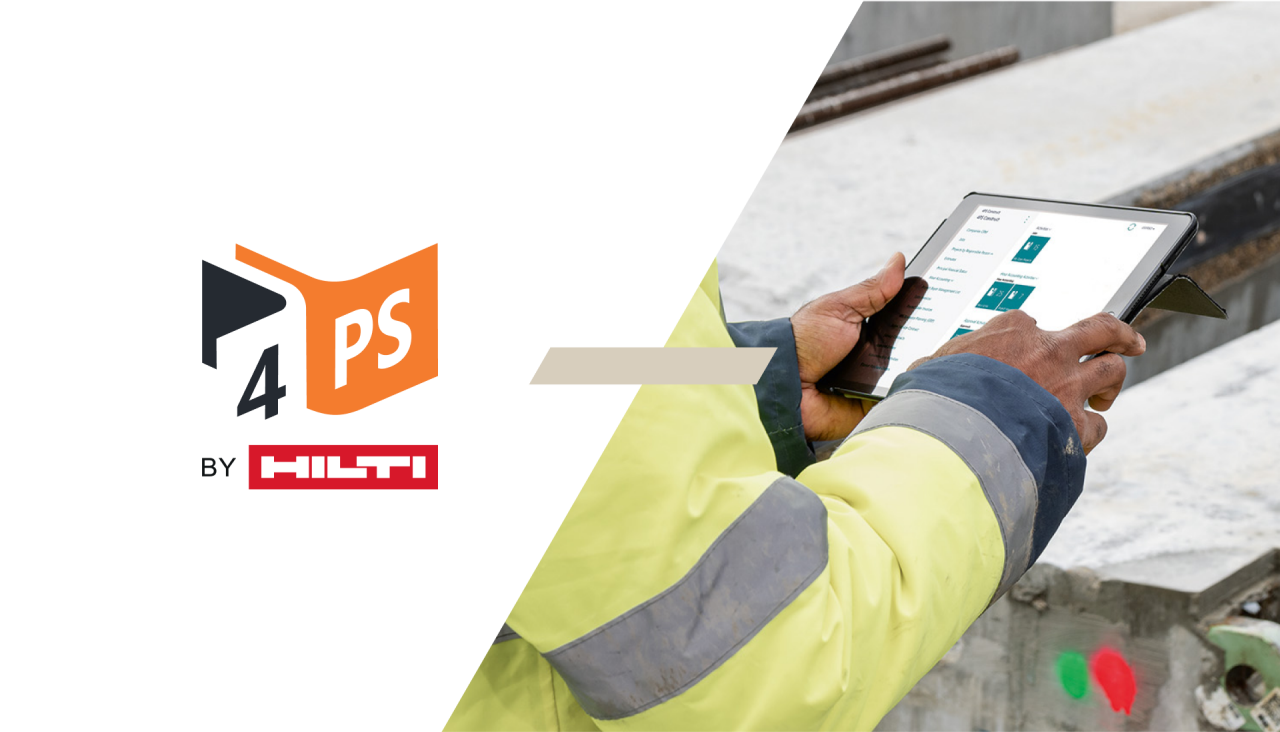 Zwei Hände, die ein Tablet mit der Software 4 PS Construct halten, im Hintergrund eine Baustelle.