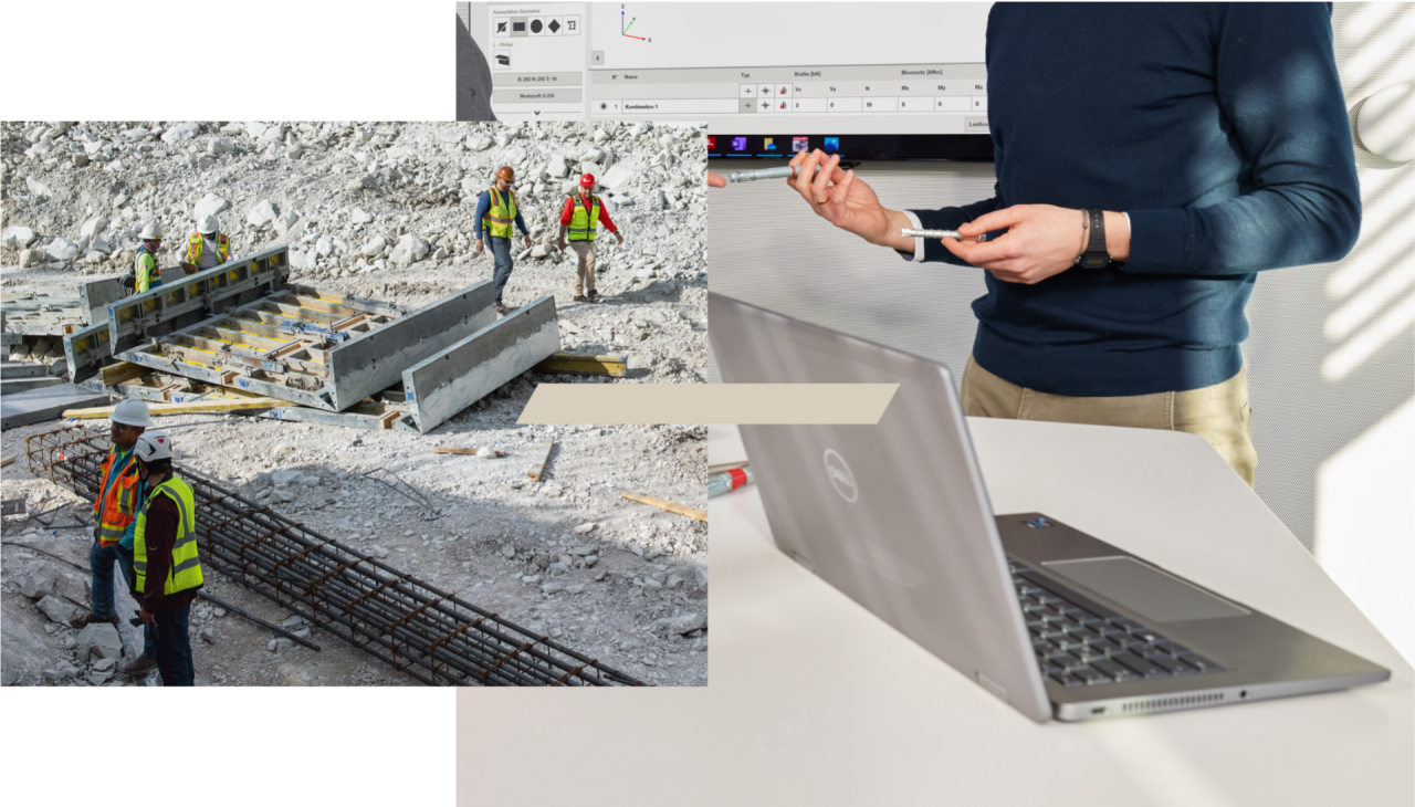 Zwei Bilder, die durch einen Balken verbunden sind: Auf dem ersten ist eine Baustelle mit 6 Personen in Schutzkleidung zu sehen, auf dem zweiten die Hände eines Mannes im Büro, der zwei Dübel in den Händen hält.