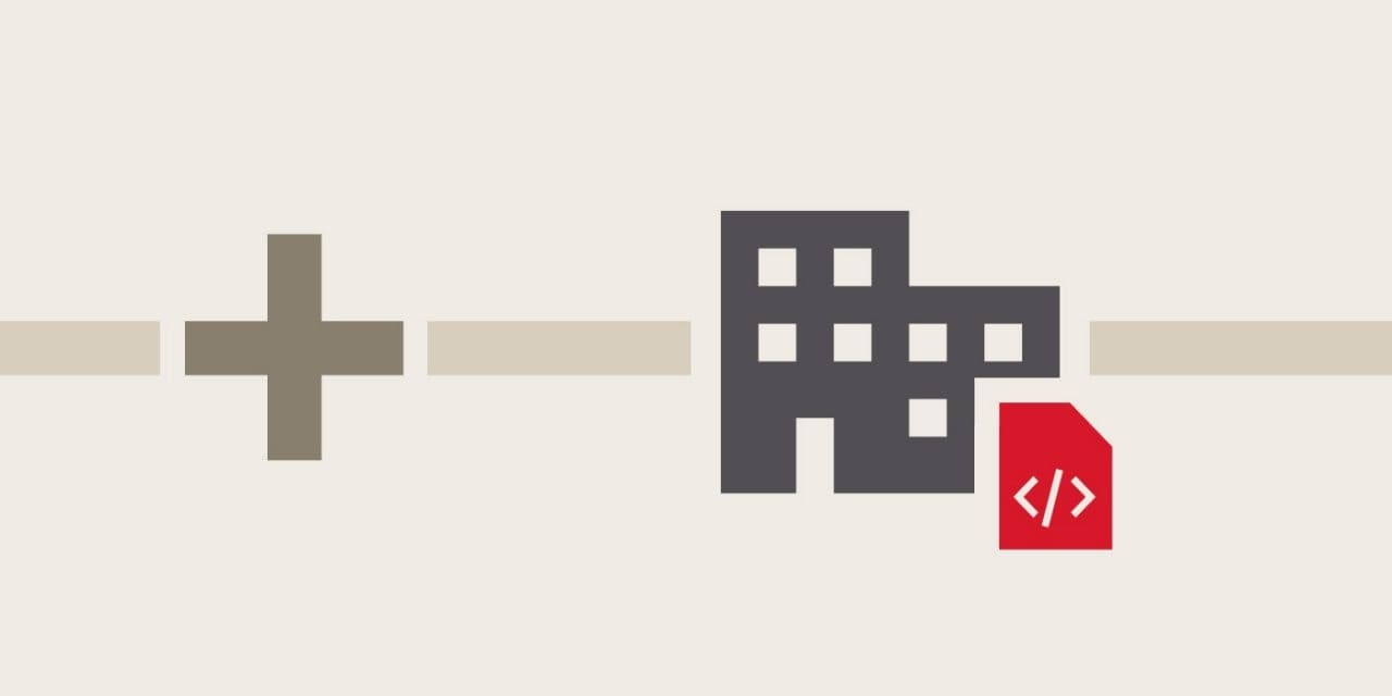 Eine Vektorgrafik mit einem grauen Haus und in Rot ein Signet für ein digitales Dokument.