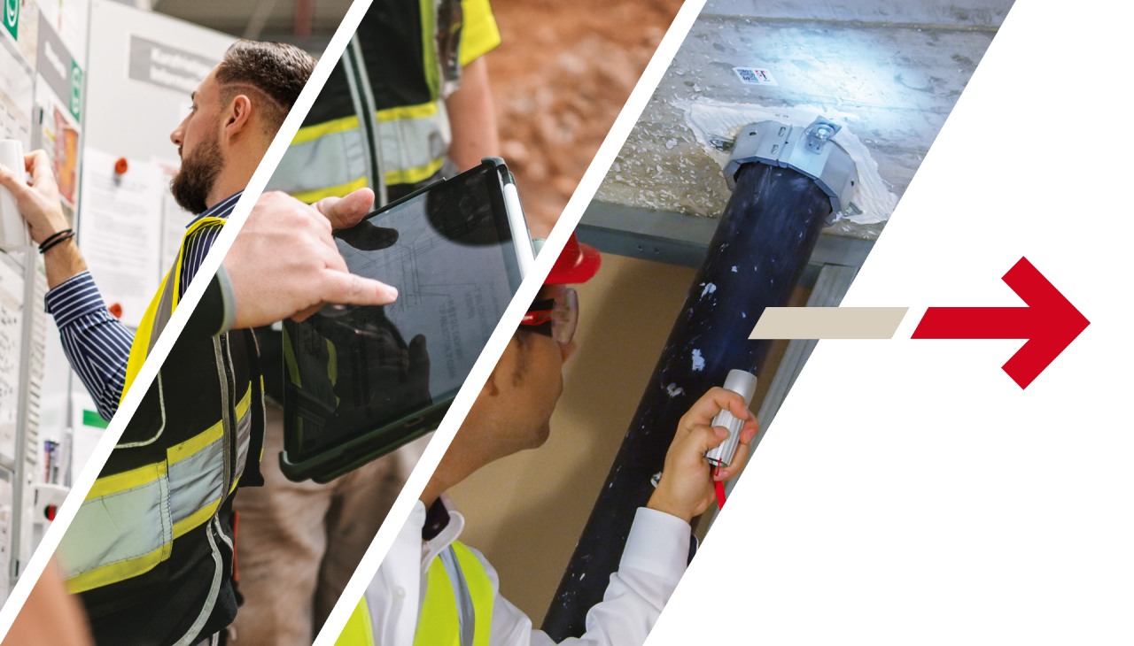 Drei Bilder, verbunden mit einem Pfeil: Ein Mann im Büro, die Hände eines Mannes, der auf einem Tablet Pläne betrachtet, ein Mann auf einer Baustelle der Verschraubungen prüft.