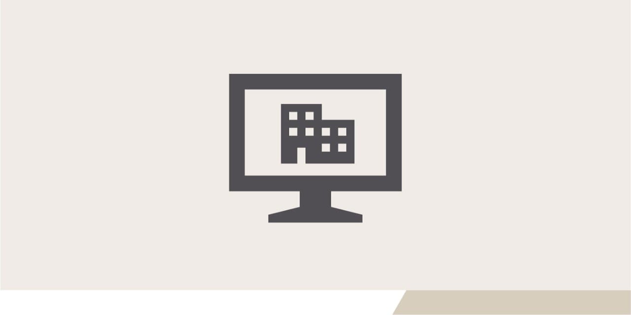 Illustration von einem Computer, dessen Bildschirm zwei nebeneinander stehende Gebäude zeigt.