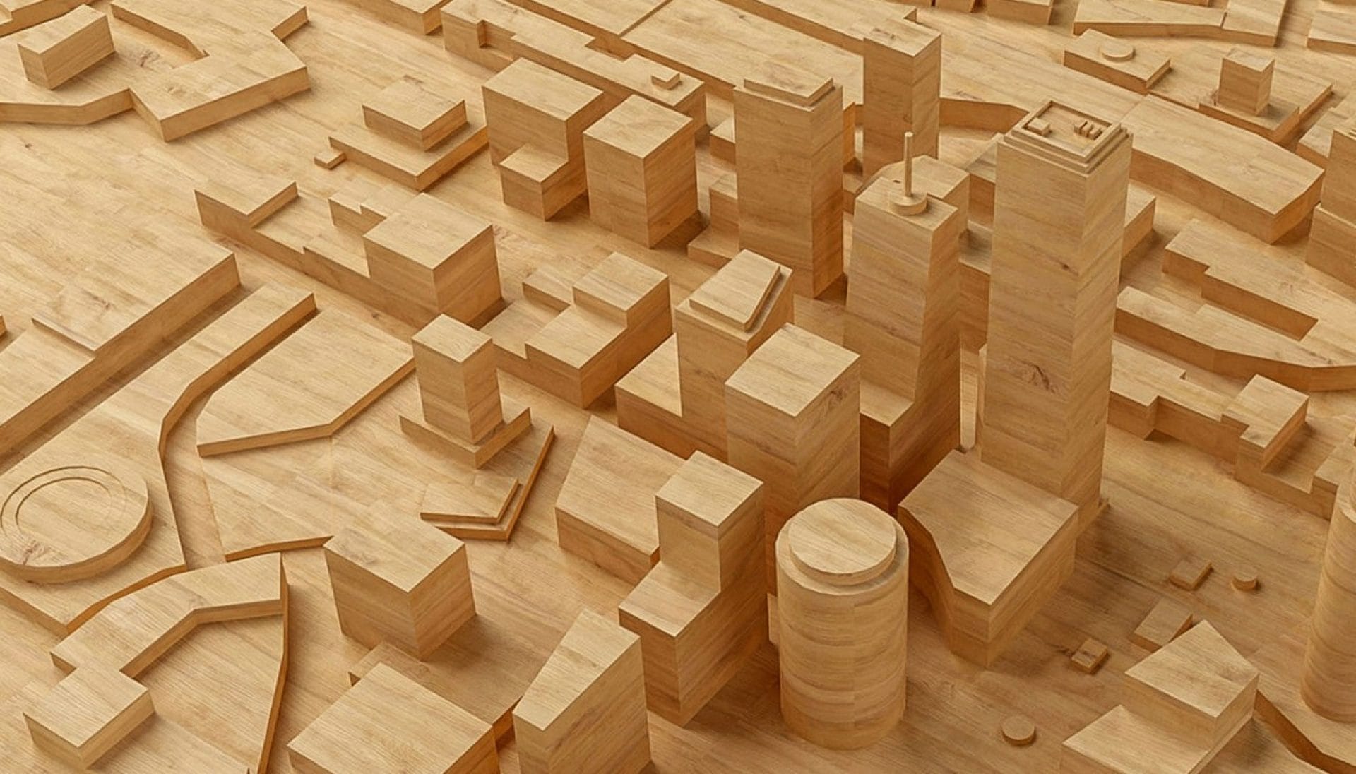 Grafik von einigen Gebäuden, die dreidimensional in ein Holzbrett geschnitzt wurden