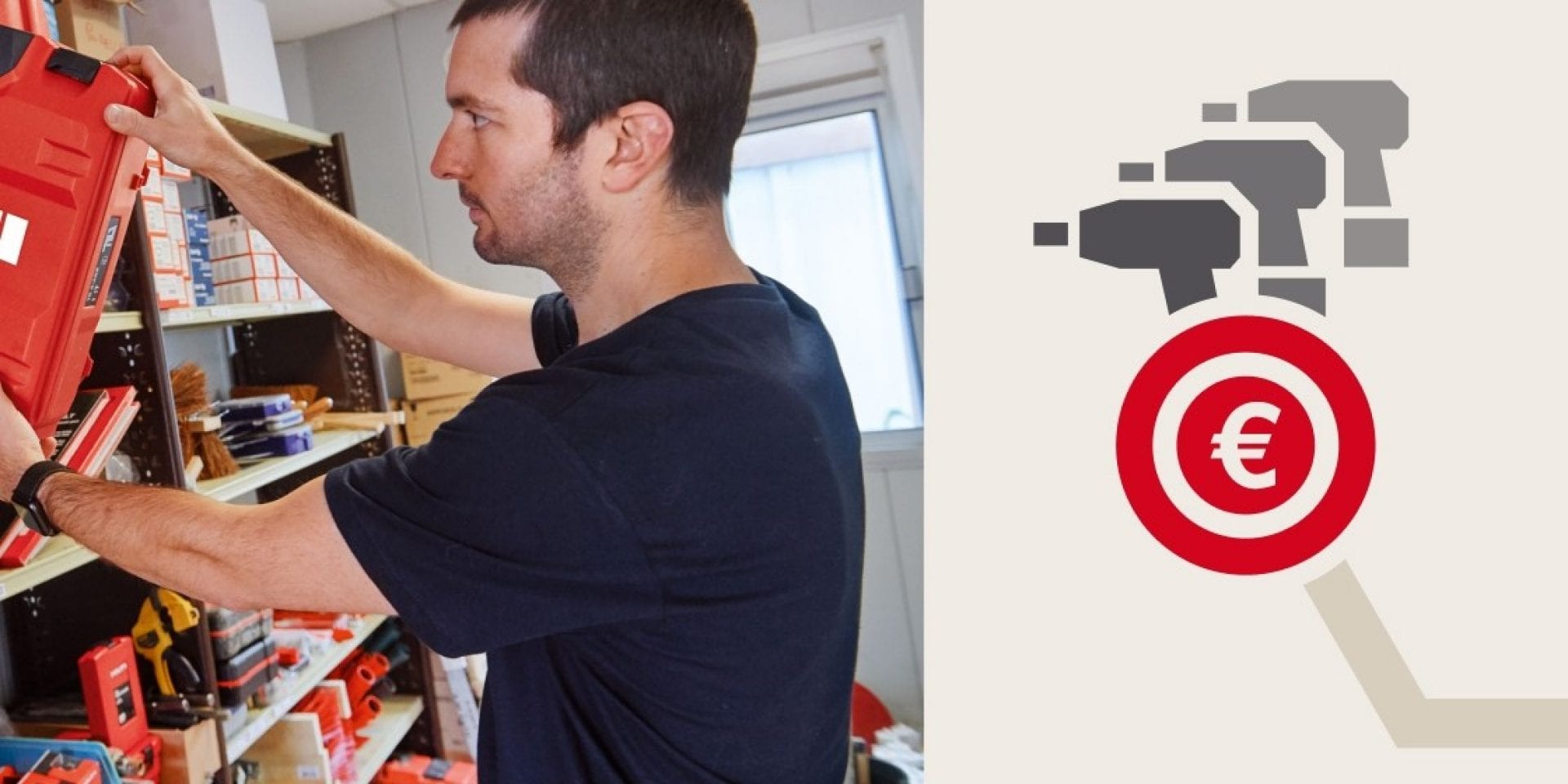 Ein männlicher Arbeiter nimmt einen roten Hilti Werkzeugkoffer aus einem Werkzeugregal. Rechts daneben ist eine Infografik mit drei grauen stilisierten Akkuschraubern und einem roten Eurozeichen zu sehen.