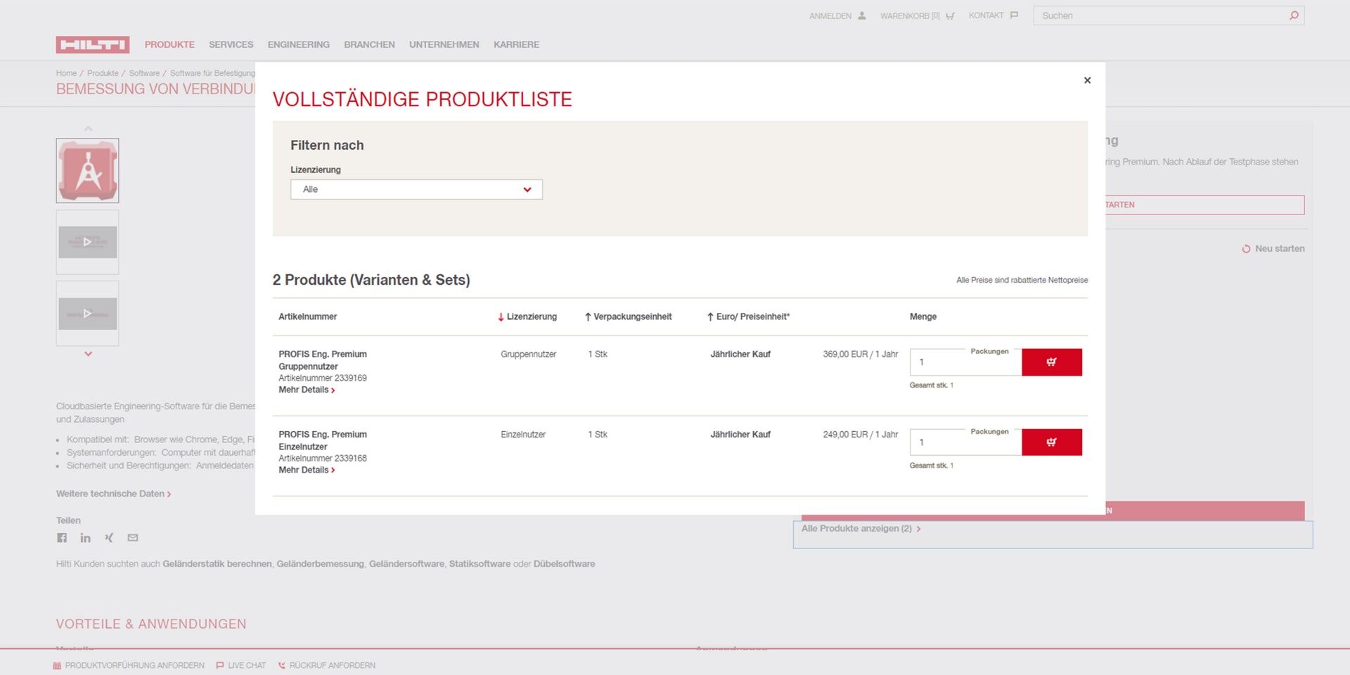 Bildschirmfoto des Hilti Online-Warenkorbs mit verschiedenen PROFIS Engineering Lizenzmodellen