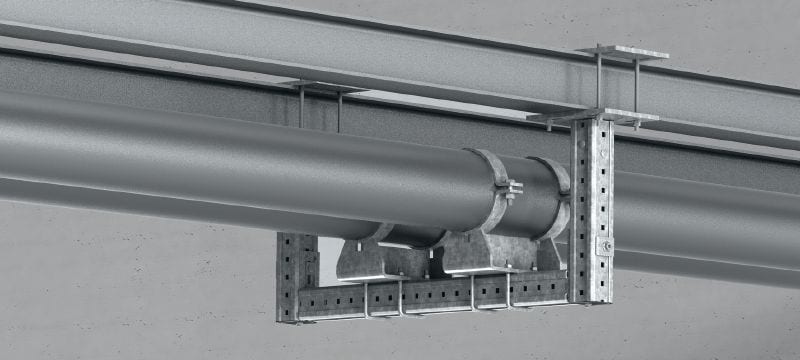 MI-PS 2/2 Feuerverzinkte Doppel-Rohrschuhe zur Befestigung von Rohren mit Durchmesser DN 200–600 an MI Montageträgern; für schwere Anwendungen Anwendungen 1