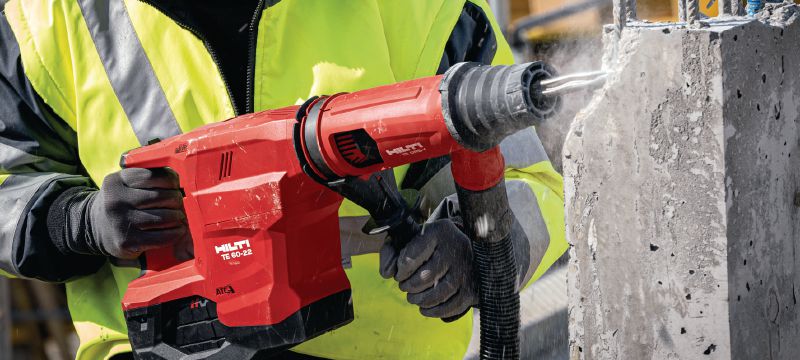 Akku-Bohrhammer TE 60-22 SDS Max (TE-Y) Akku-Bohrhammer mit aktiver Vibrationsreduktion und elektronischer Schnellabschaltung ATC für schwere Bohr- und Meißelarbeiten in Beton (Nuron Akku-Plattform) Anwendungen 1