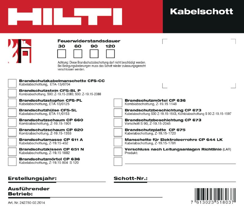 Ausführungsschild Kabelschott 