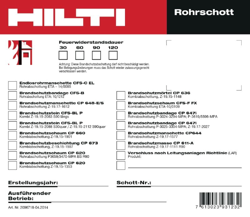 Ausführungsschild Rohrschott QR 