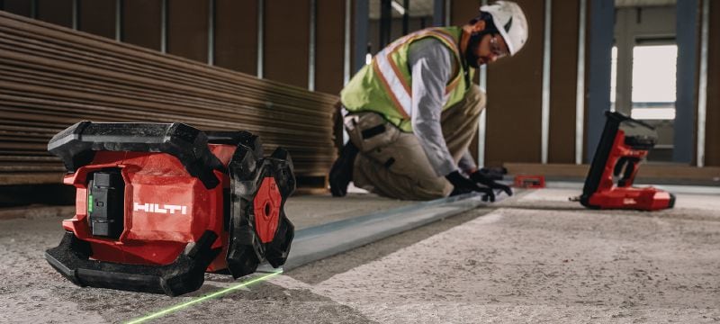 PR 40G-22 Rotationslaser mit grünem Laserstrahl für Oberflächen mit Einfachneigung Robuste Innen-Rotationslaser-Wasserwaage mit gut sichtbarem grünen Strahl und automatischen Funktionen zum Nivellieren, Ausrichten, Neigen und Quadrieren (Nuron-Plattform) Anwendungen 1